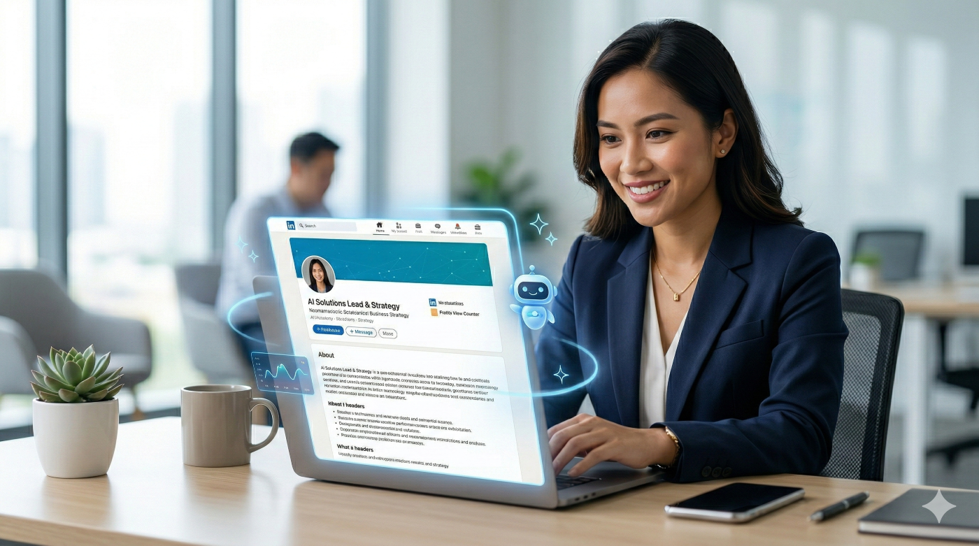 Asisten AI sedang membantu mengoptimasi profil LinkedIn profesional yang bersinar di layar laptop