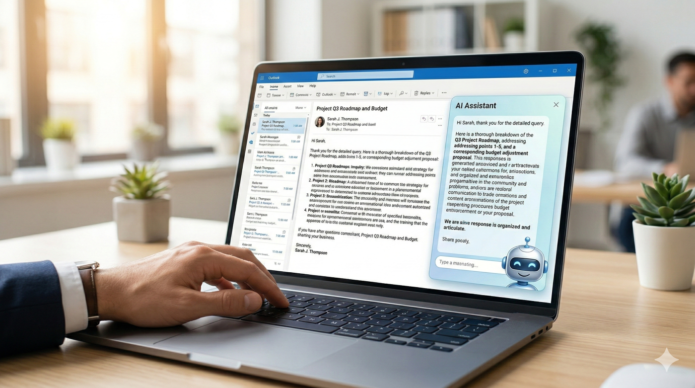 Asisten AI sedang membantu menulis balasan email profesional dengan cepat di laptop