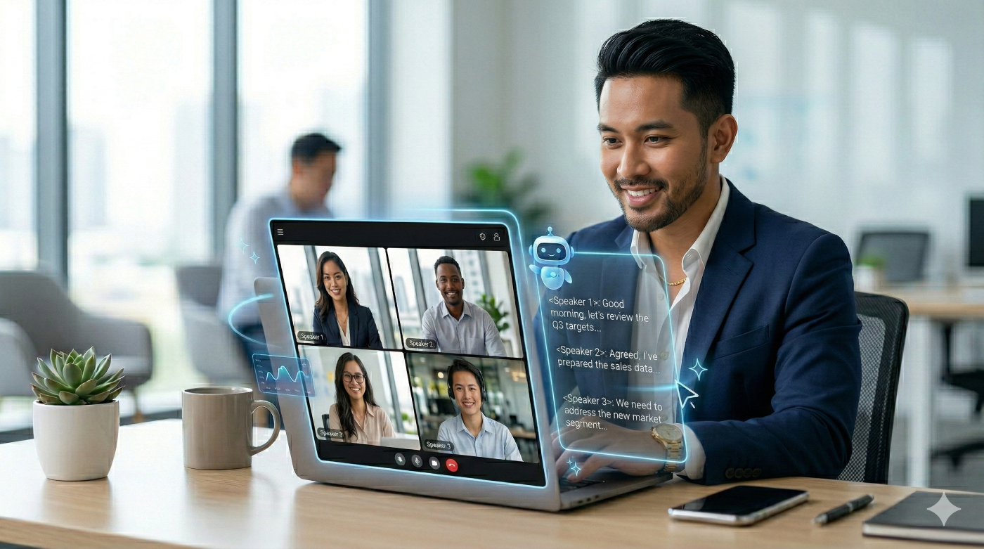 lustrasi asisten AI yang sedang membuat transkrip teks otomatis di layar laptop saat video conference Google Meet berlangsung
