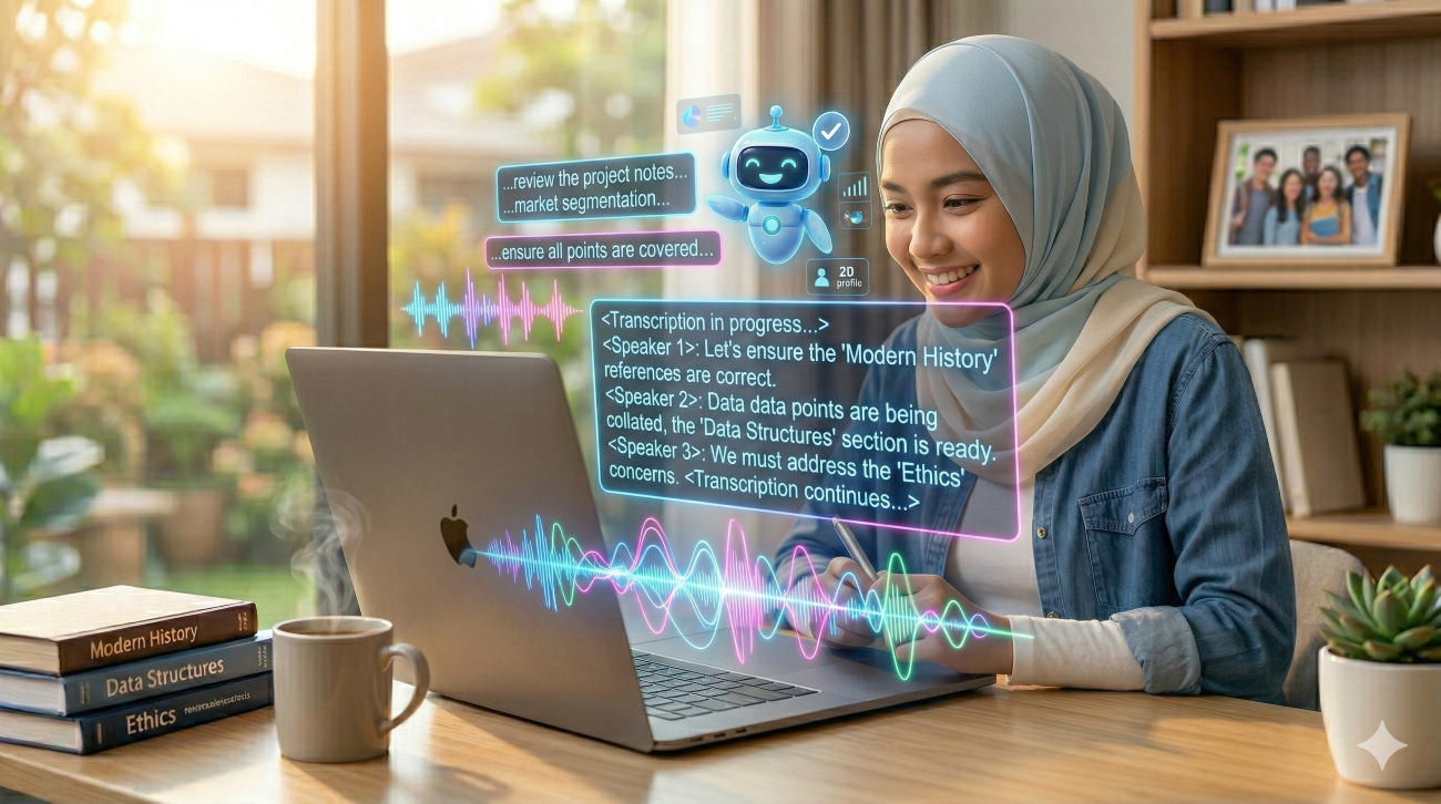 Ilustrasi kreatif gelombang suara berwarna neon yang berubah menjadi blok teks 3D di atas meja rapat