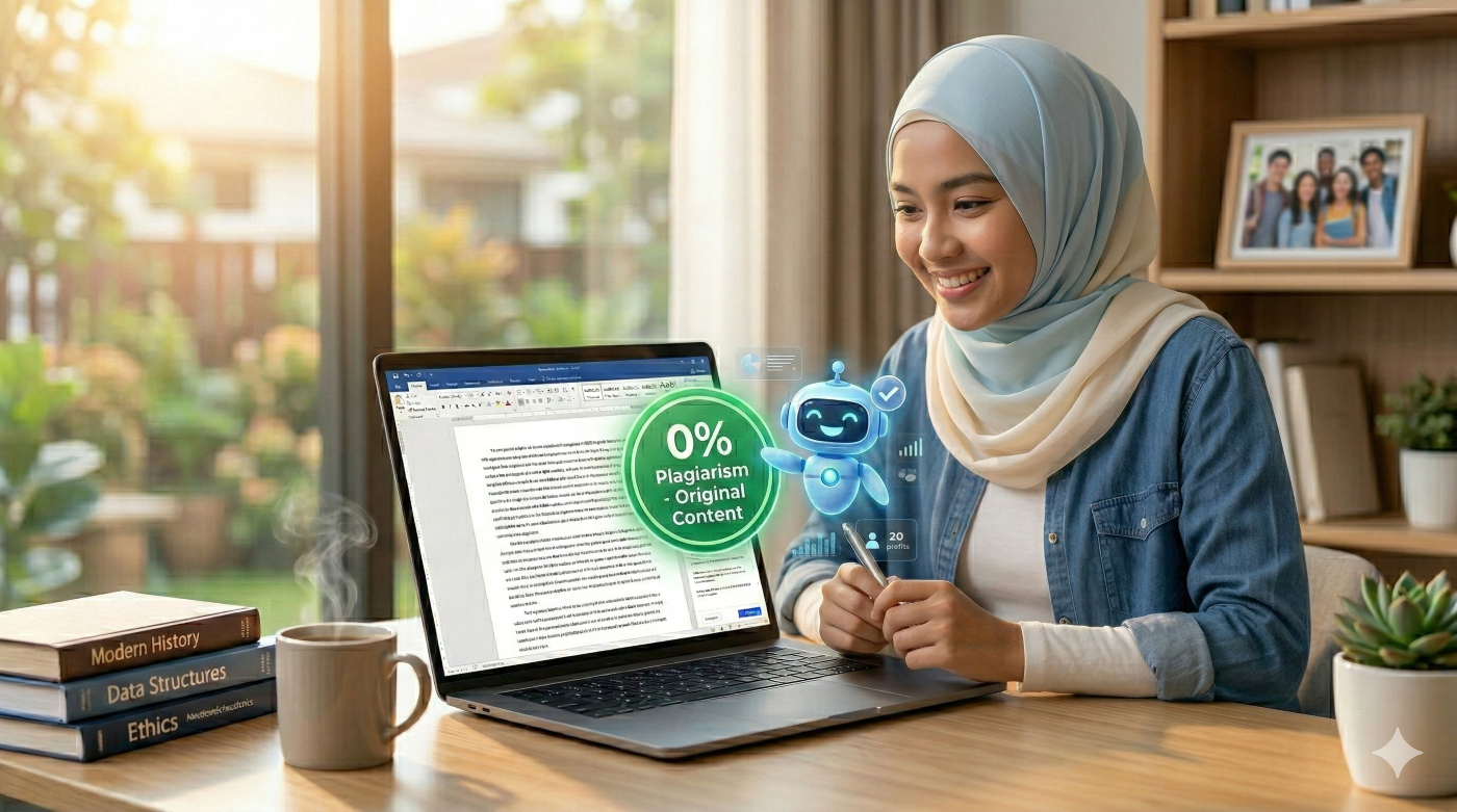 Mahasiswa merasa lega setelah mengecek plagiasi tugas kuliahnya menggunakan tool AI di laptop