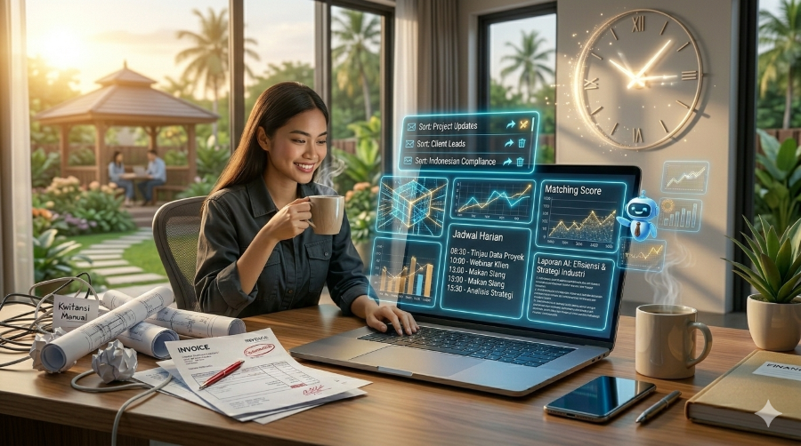 ria tersenyum di meja kerja saat berinteraksi dengan avatar asisten virtual AI holografik biru yang membantunya mengatur jadwal harian